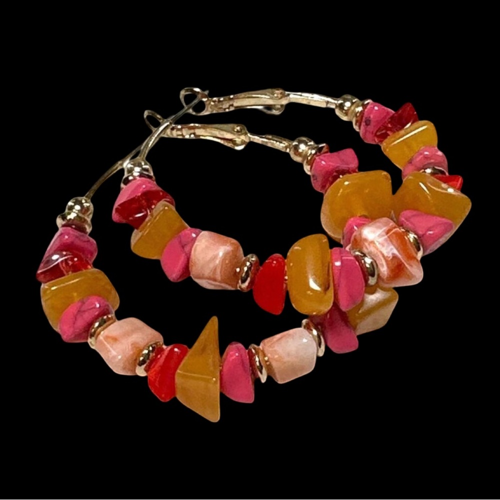Beaded Hoop Earrings With Multicolor Stones Gold Accents